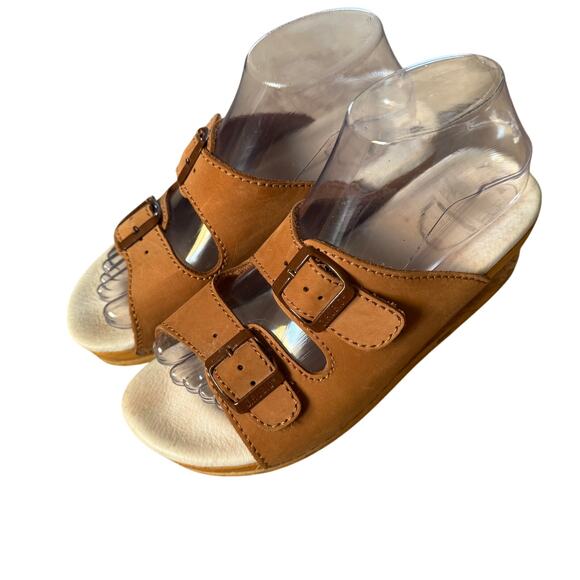 J. Rubio Brown Buckle Z-Coil Spring Heel Wood Platform Sandals Slide On Size 40 - Picture 1 of 10